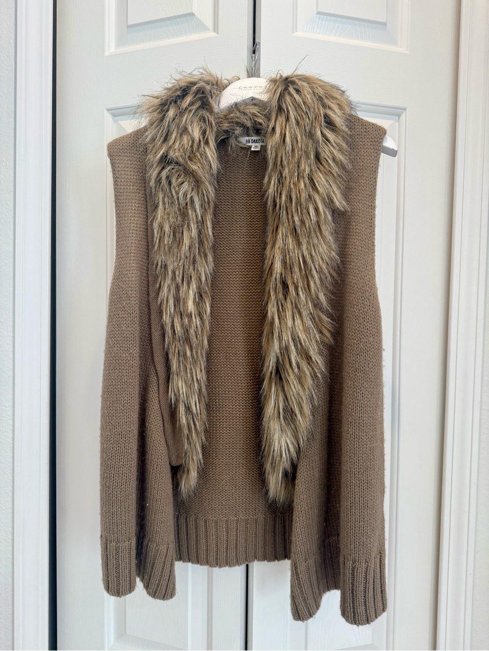 BB Dakota Taupe Knit Open-Front Sweater with Faux-Fur Collar